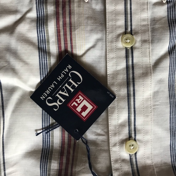 Chaps Men's Casual Button Down Shirt - White with Red and Blue Stripes - Picture 2 of 4